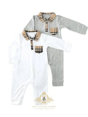 NWT Cute Boys One-piece Bodysuit Oxford Rompers Set of 2 Long Sleeve Plaid 9-12M